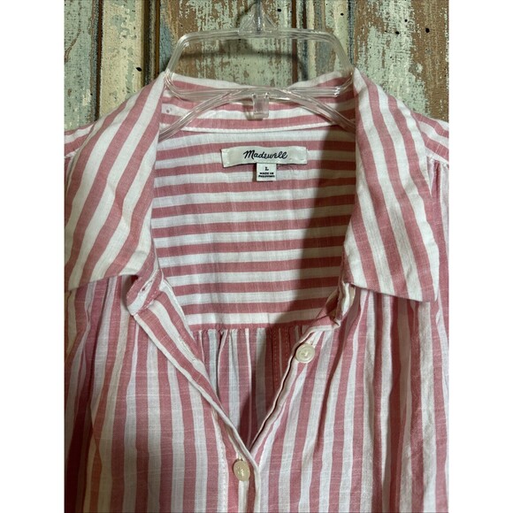 Madewell Women's Button Up Top Large Pink White Stripe Back Tie - Picture 2 of 11